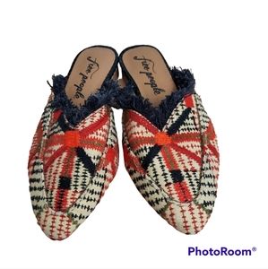 Free people Women's Newport Flat Mules Red Beige Fringe Slip on Shoes 36